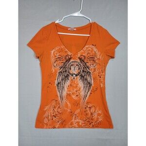 Y2K Mall Goth Rhinestone Scroll Wings T-shirt Fits Womens Medium Juniors 3X